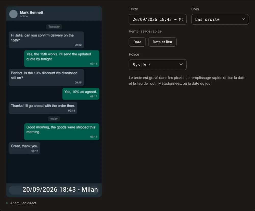 L'onglet Texte en surimpression de GoTamper.it : date, heure et Milan incrustés en bas à droite de la conversation
