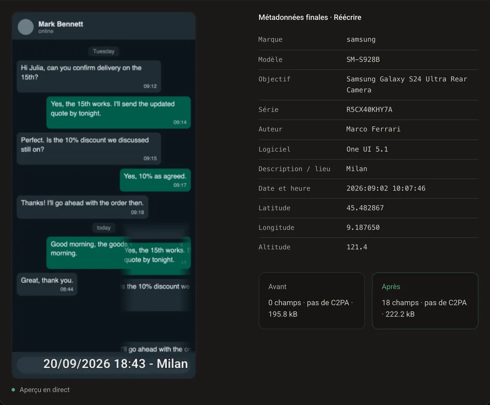 Panneau de résultat de GoTamper.it : 0 champ avant, 18 après, la fausse capture avec le tampon de date