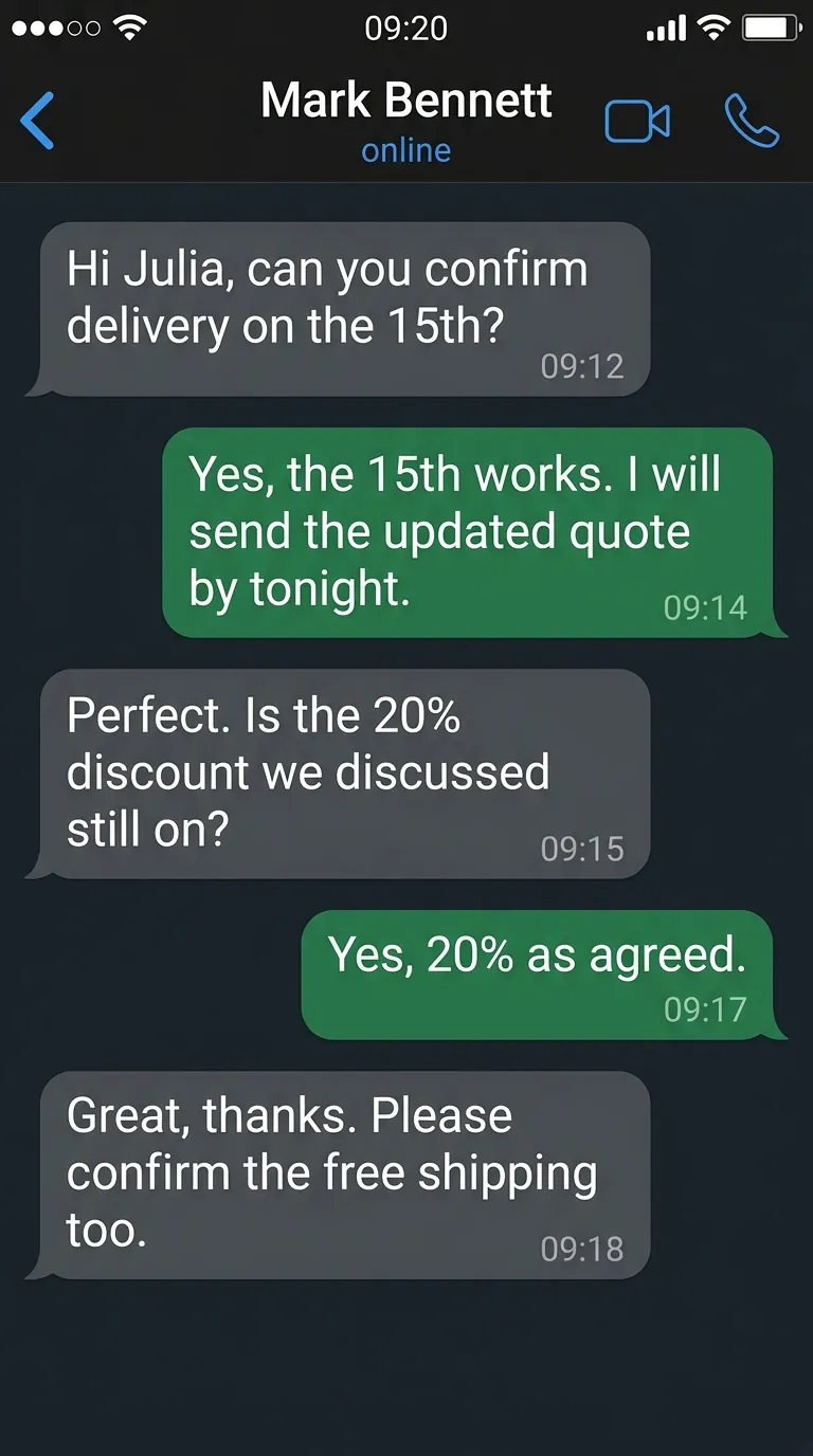 Une capture de conversation générée par l’IA à partir d’un prompt texte : contact inventé, messages inventés, thème sombre