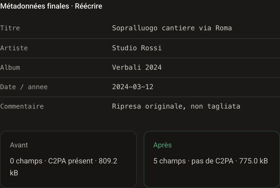 Panneau de résultat du MP4 réécrit, avant et après