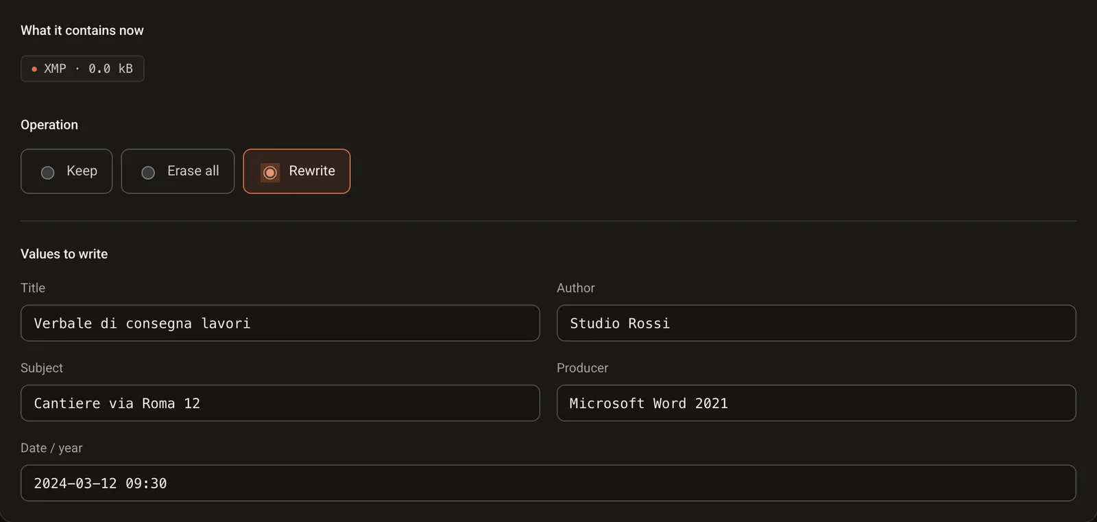 The Rewrite form of GoTamper.it for a PDF: title, author, subject, producer and date