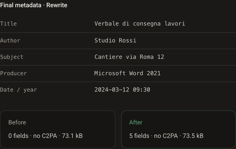Result panel for the rewritten PDF: the new title, author and date listed