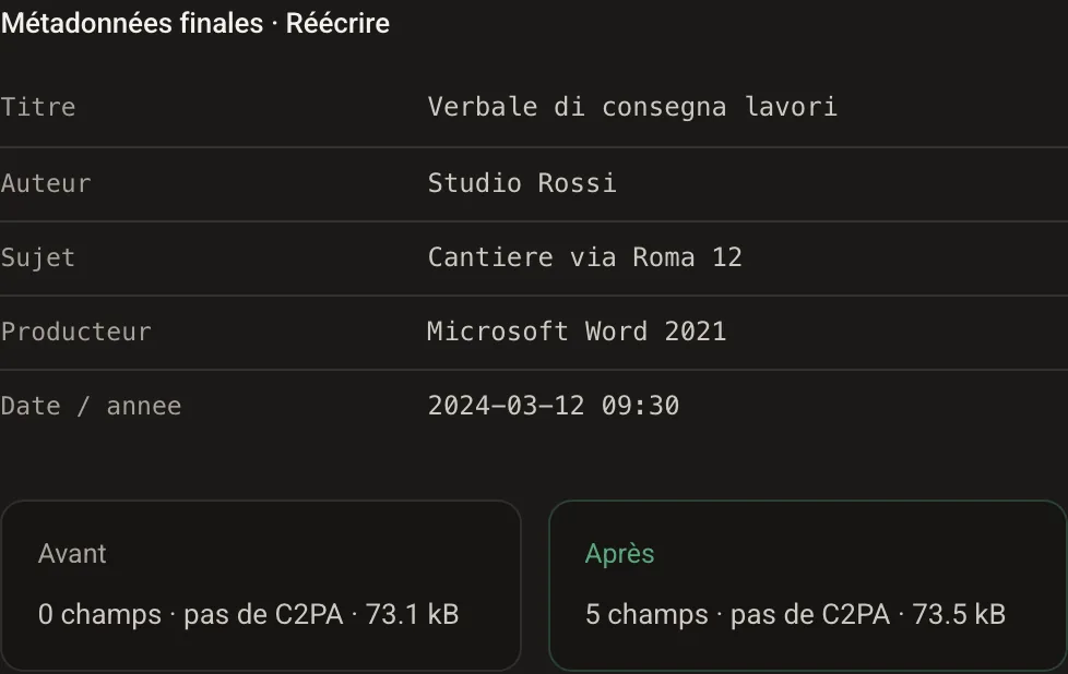 Panneau de résultat du PDF réécrit : nouveaux titre, auteur et date